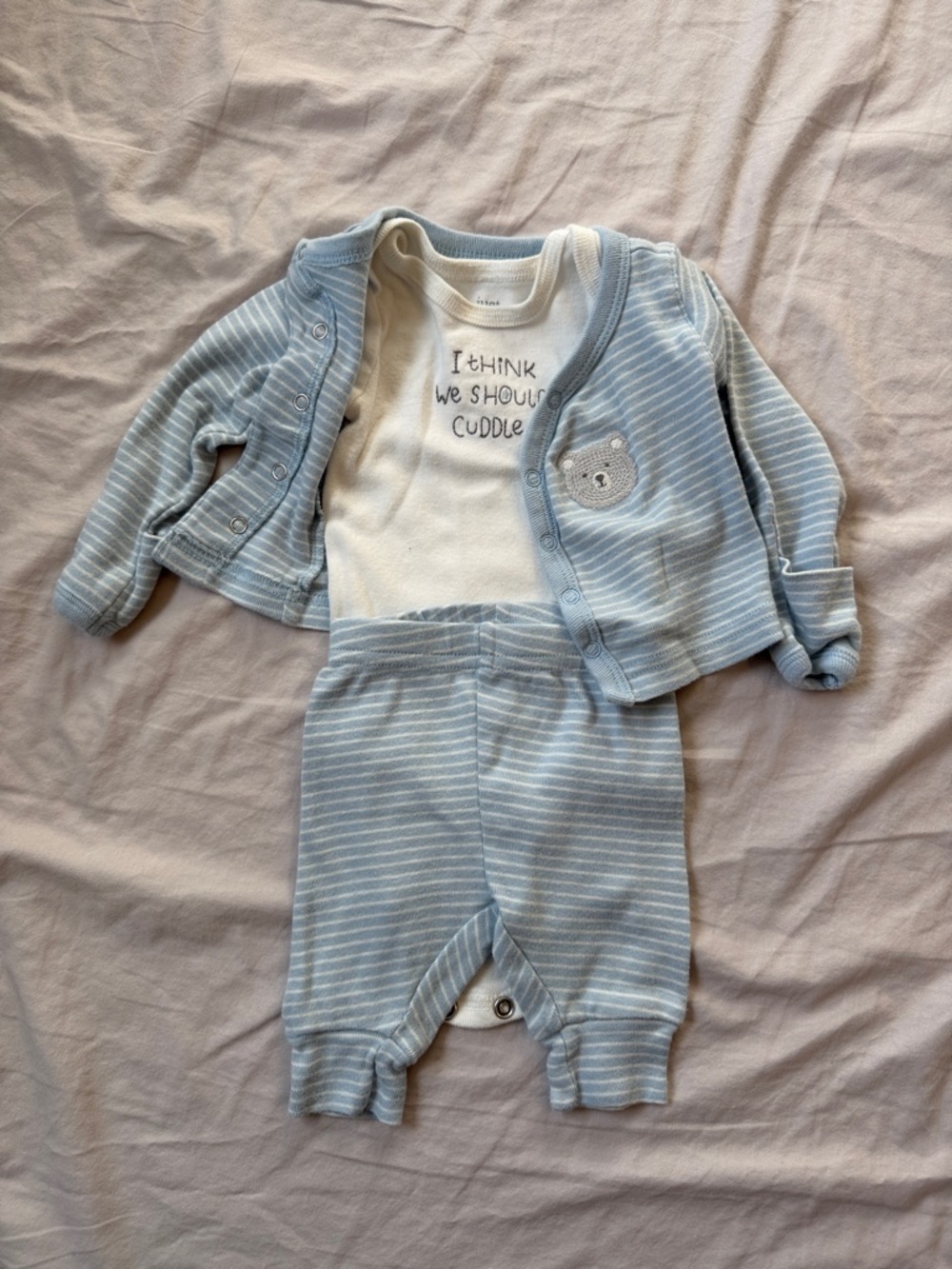 Baby Boys Blue Striped Matching Set with Bear Embroidery